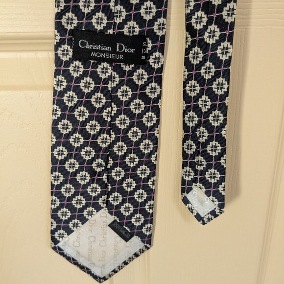 VTG Christian Dior Monsieur Classic Patterned Black Silver Purple 100% Silk Tie - Picture 2 of 8